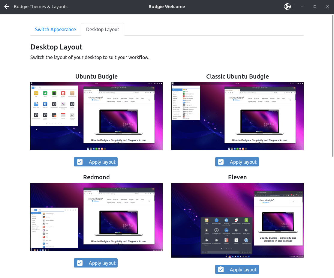 Ubuntu Budgie Welcome Themes and Layouts