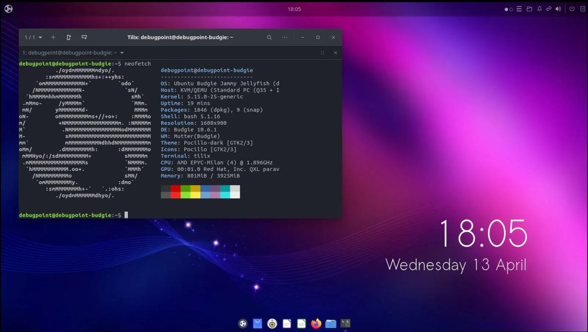 Ubuntu Budgie desktop showing a dark theme with a calendar app.